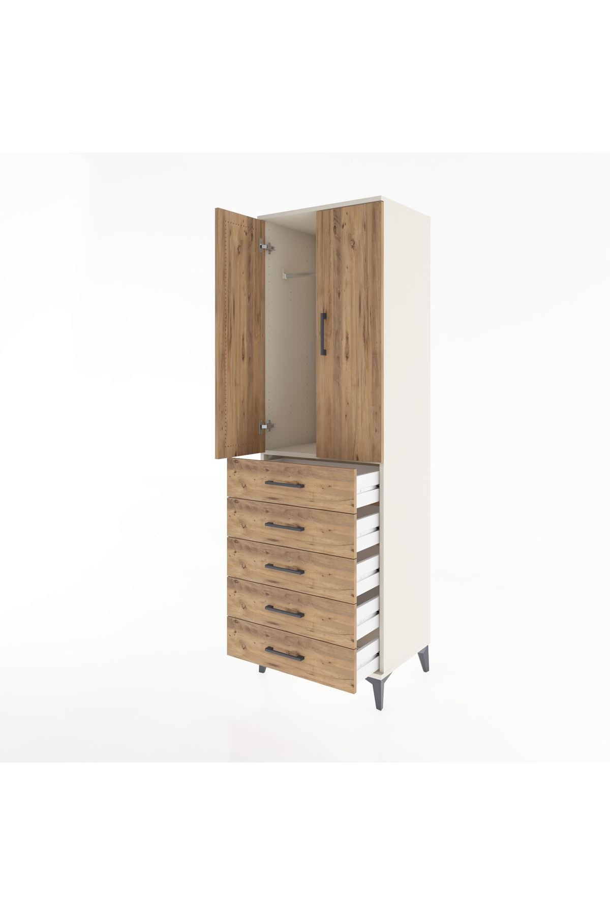 Hyperion Dolap Tek Raflı 5 Çekmeceli Tek Askılı 60x44x195 Aytaşı-Çam