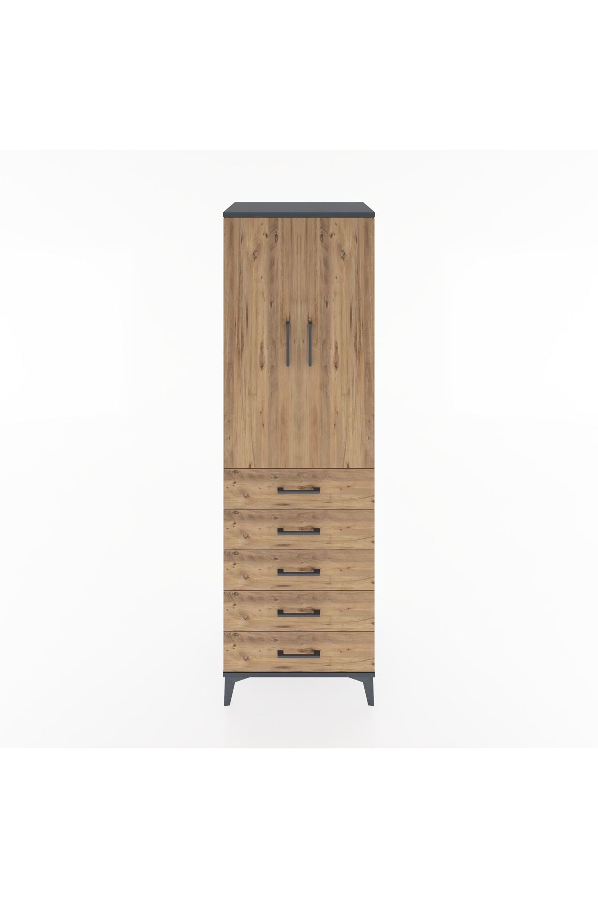 Hyperion Dolap Tek Raflı 5 Çekmeceli Tek Askılı 60x44x195 Antrasit-Çam