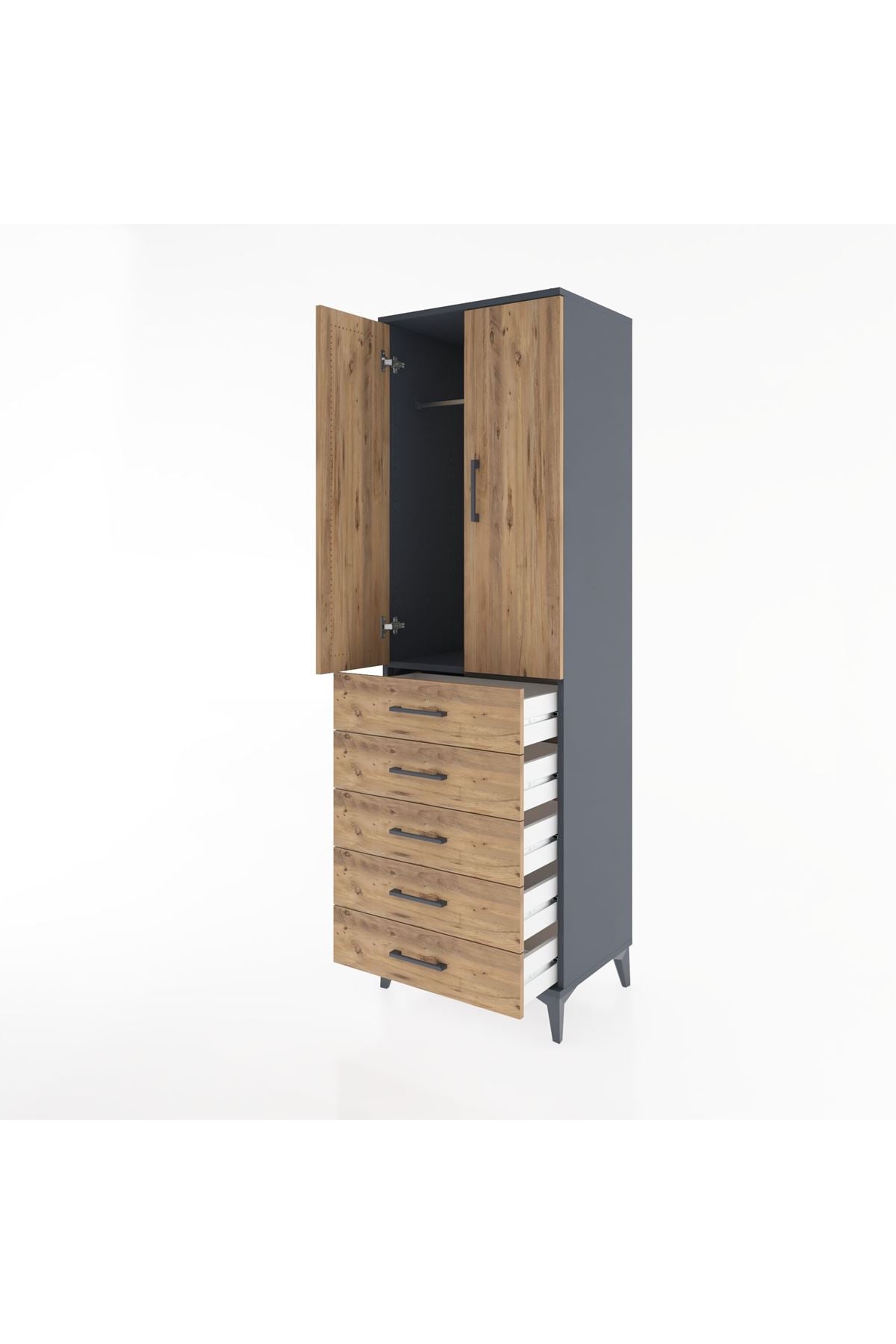 Hyperion Dolap Tek Raflı 5 Çekmeceli Tek Askılı 60x44x195 Antrasit-Çam