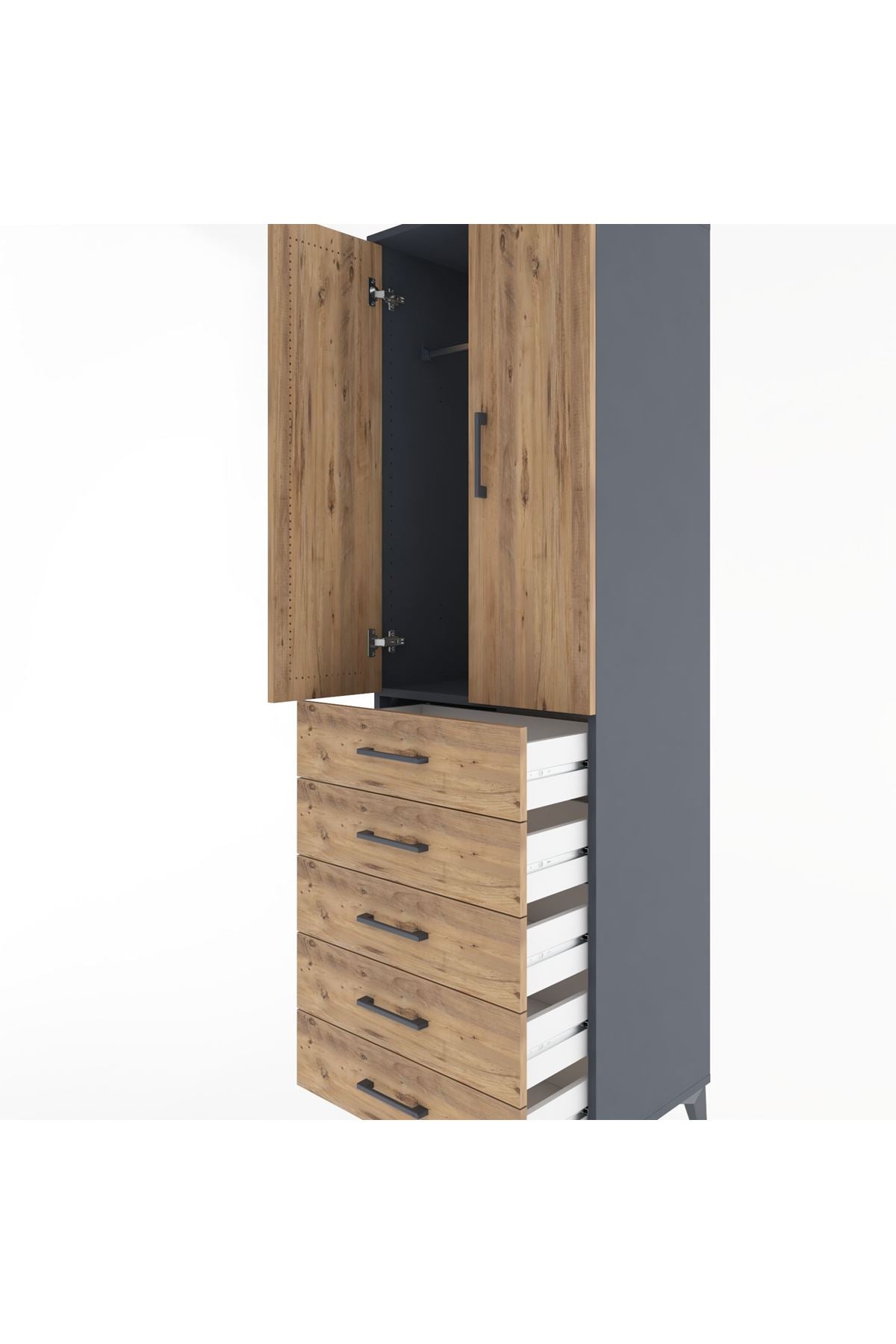 Hyperion Dolap Tek Raflı 5 Çekmeceli Tek Askılı 60x44x195 Antrasit-Çam