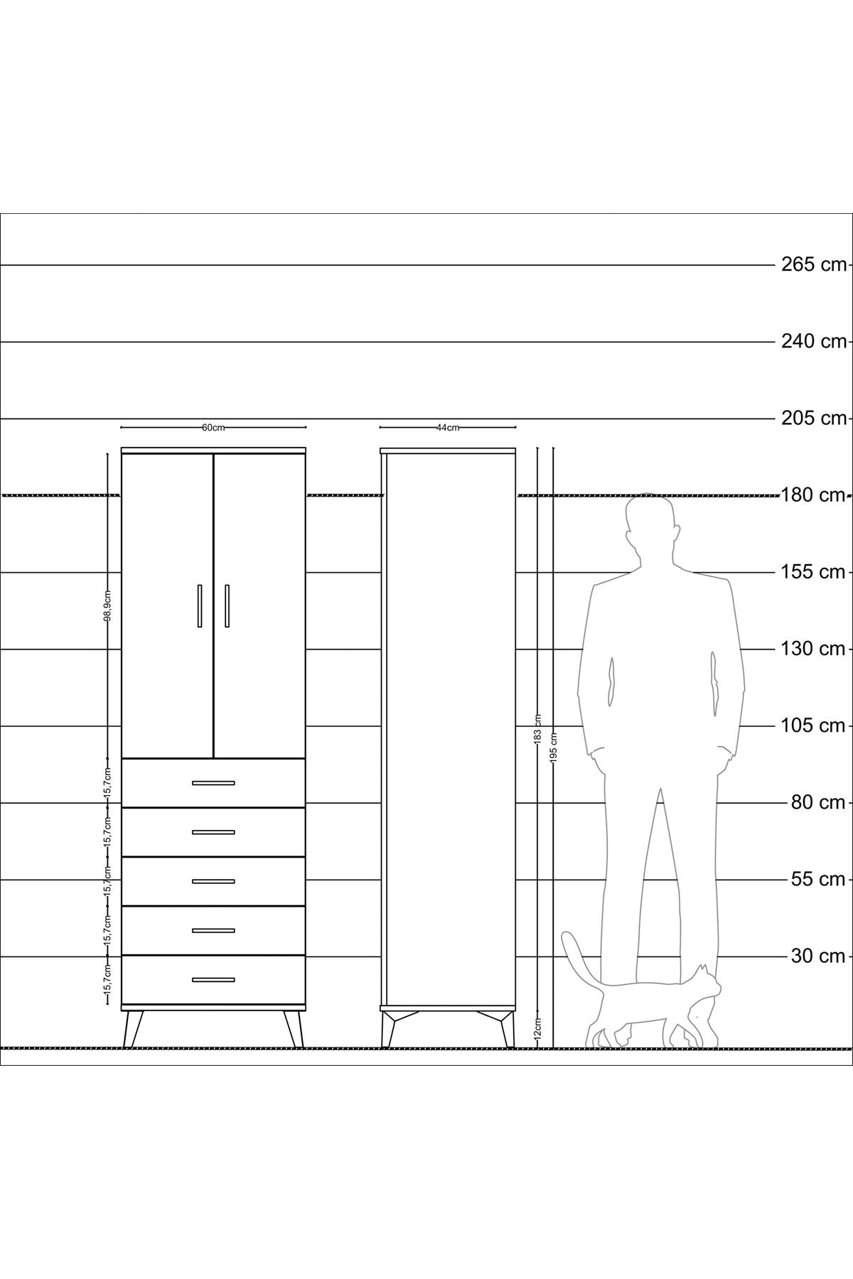 Hyperion Dolap Tek Raflı 5 Çekmeceli Tek Askılı 60x44x195 Antrasit-Çam