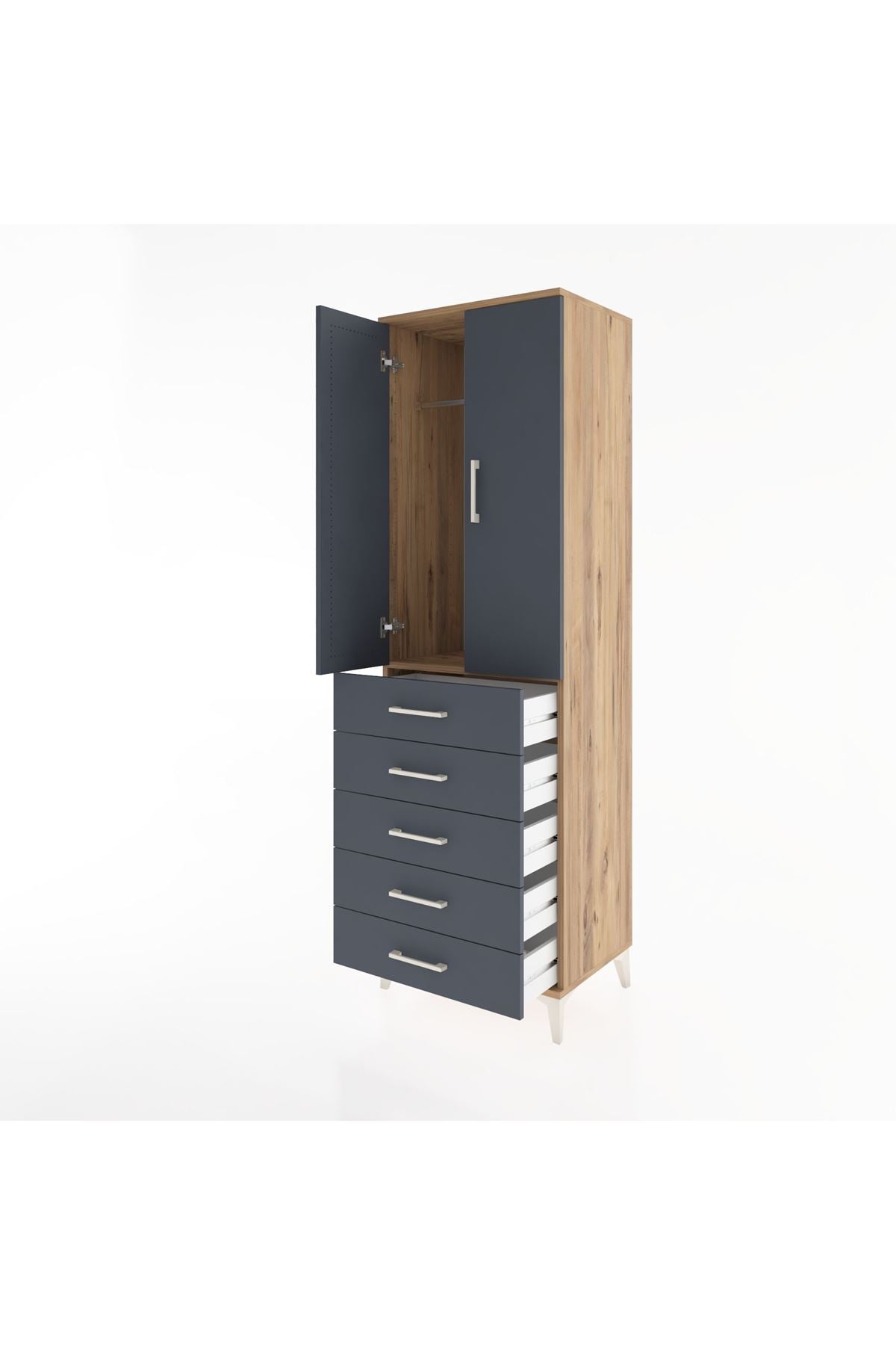 Hyperion Dolap Tek Raflı 5 Çekmeceli Tek Askılı 60x44x195 Çam-Antrasit