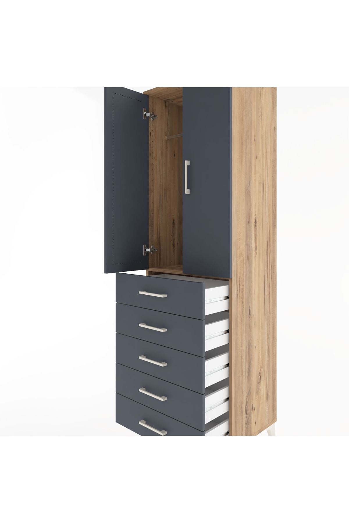 Hyperion Dolap Tek Raflı 5 Çekmeceli Tek Askılı 60x44x195 Çam-Antrasit