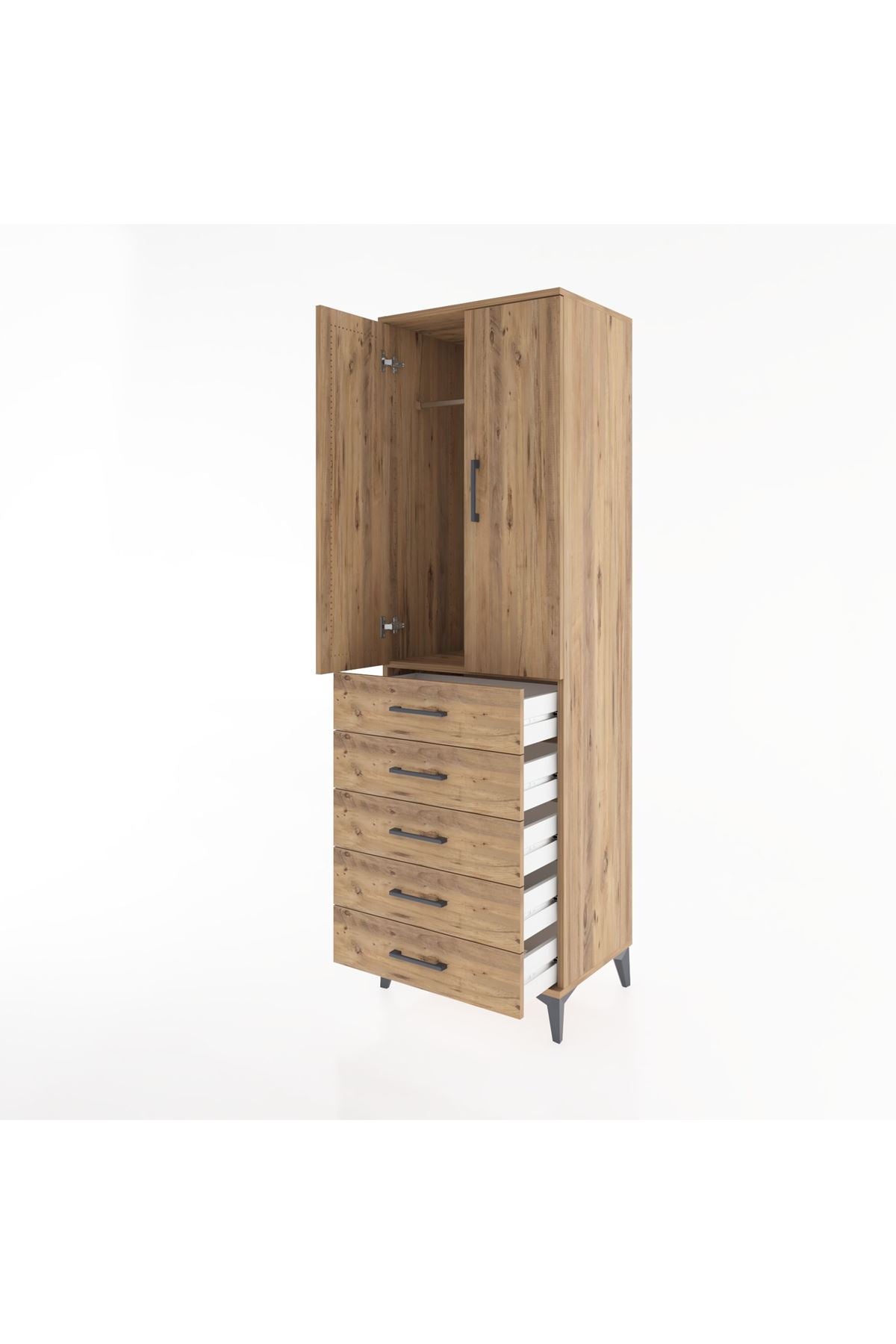 Hyperion Dolap Tek Raflı 5 Çekmeceli Tek Askılı 60x44x195 Çam-Çam