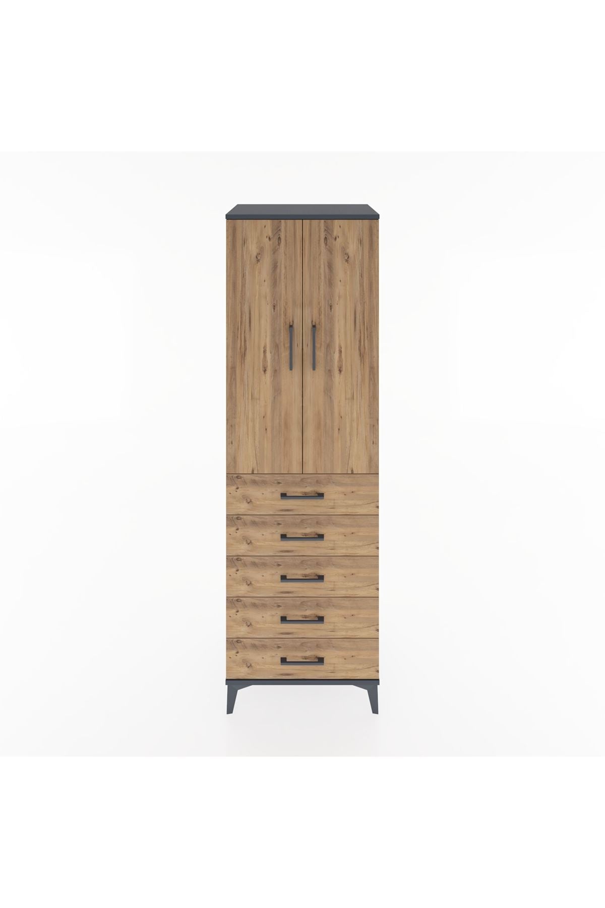 Hyperion Dolap 3 Raflı 5 Çekmeceli 2 Kapaklı 60x44x195 Antrasit-Çam