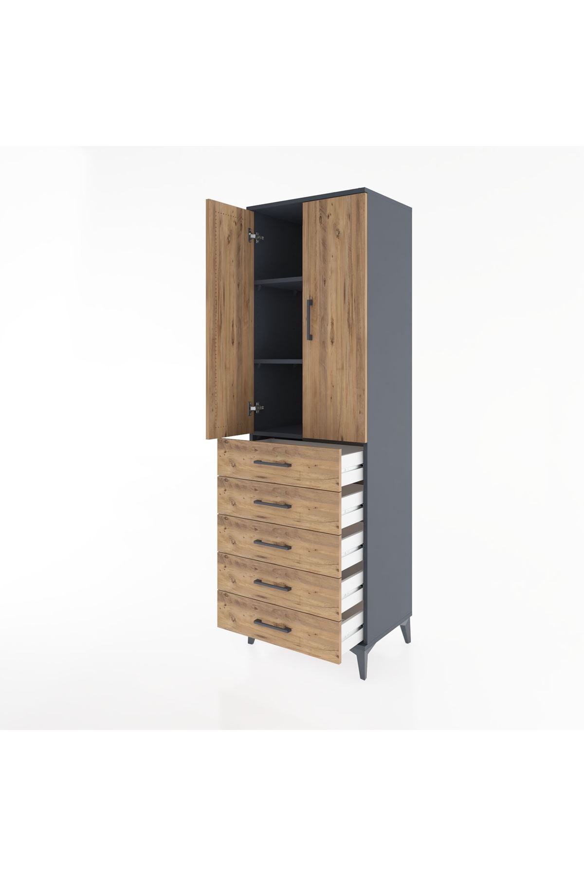 Hyperion Dolap 3 Raflı 5 Çekmeceli 2 Kapaklı 60x44x195 Antrasit-Çam