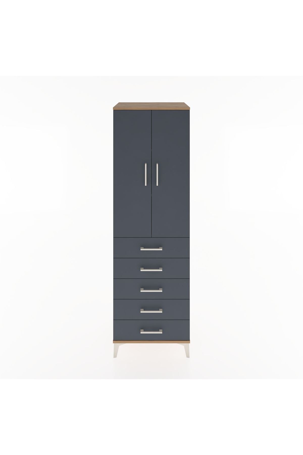 Hyperion Dolap 3 Raflı 5 Çekmeceli 2 Kapaklı 60x44x195 Çam-Antrasit