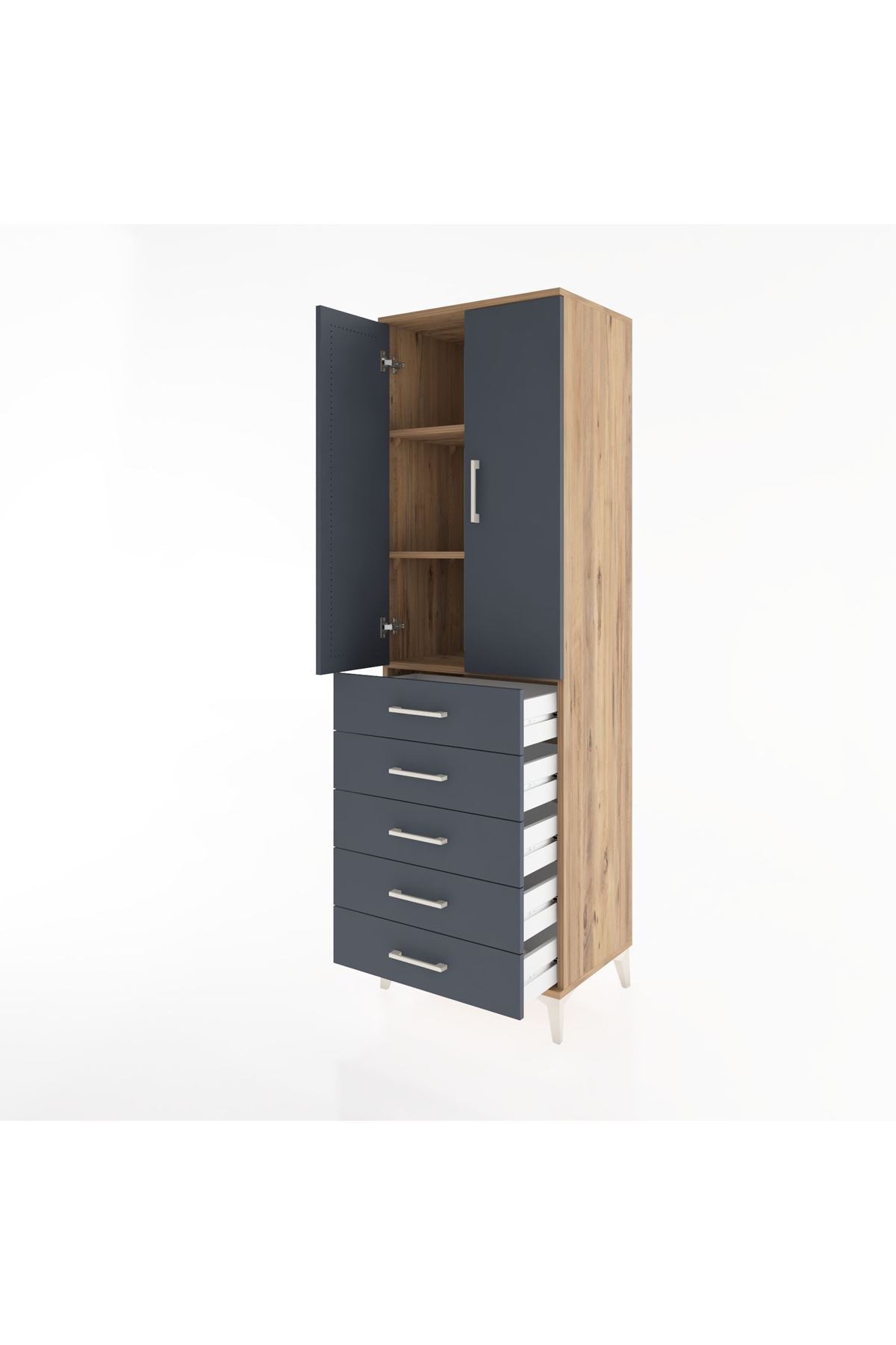 Hyperion Dolap 3 Raflı 5 Çekmeceli 2 Kapaklı 60x44x195 Çam-Antrasit