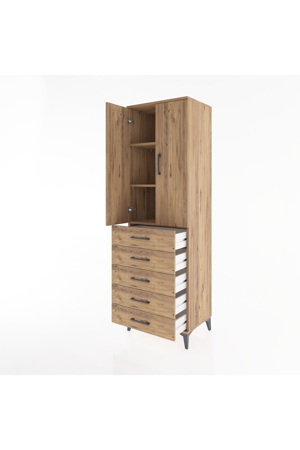 Hyperion Dolap 3 Raflı 5 Çekmeceli 2 Kapaklı 60x44x195 Çam-Çam