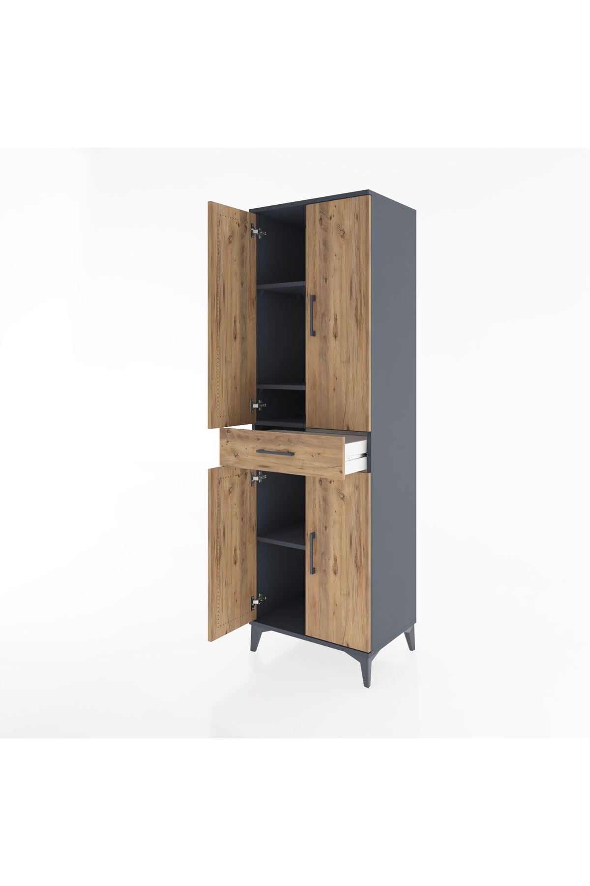 Hyperion Dolap 4 Raflı Tek Çekmeceli 4 Kapaklı 60x44x195 Antrasit-Çam