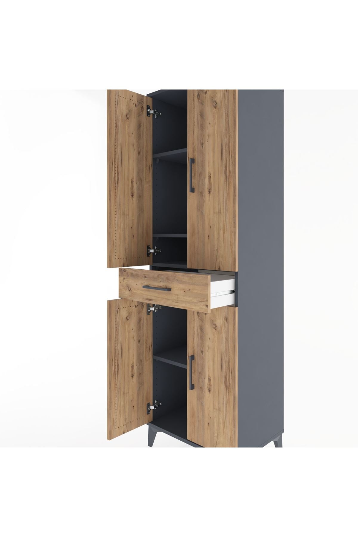 Hyperion Dolap 4 Raflı Tek Çekmeceli 4 Kapaklı 60x44x195 Antrasit-Çam