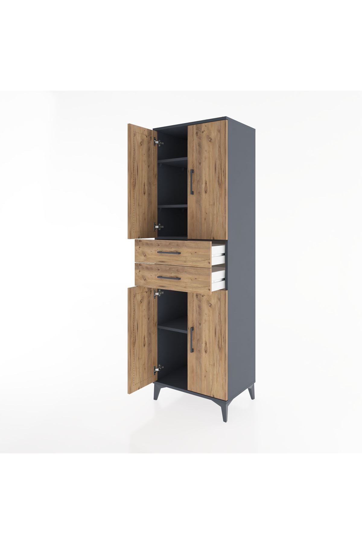 Hyperion Dolap 4 Raflı 2 Çekmeceli 4 Kapaklı 60x44x195 Antrasit-Çam