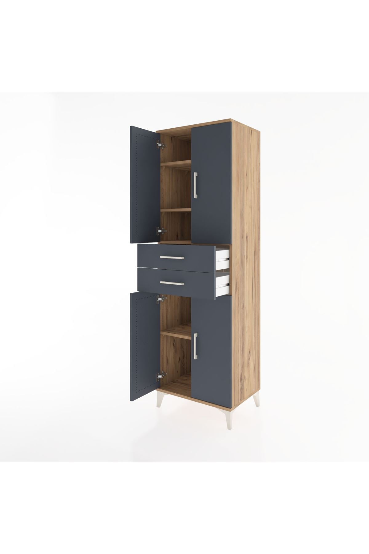 Hyperion Dolap 4 Raflı 2 Çekmeceli 4 Kapaklı 60x44x195 Çam-Antrasit