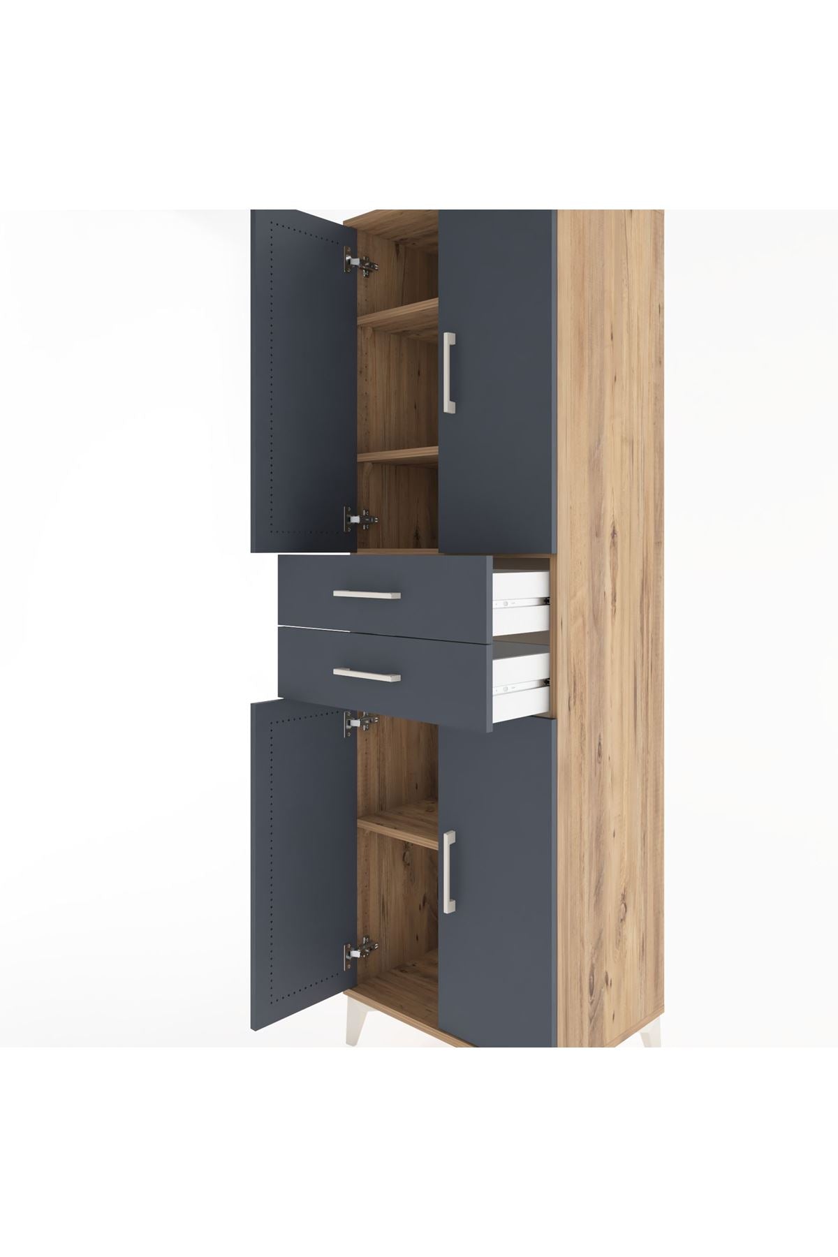 Hyperion Dolap 4 Raflı 2 Çekmeceli 4 Kapaklı 60x44x195 Çam-Antrasit