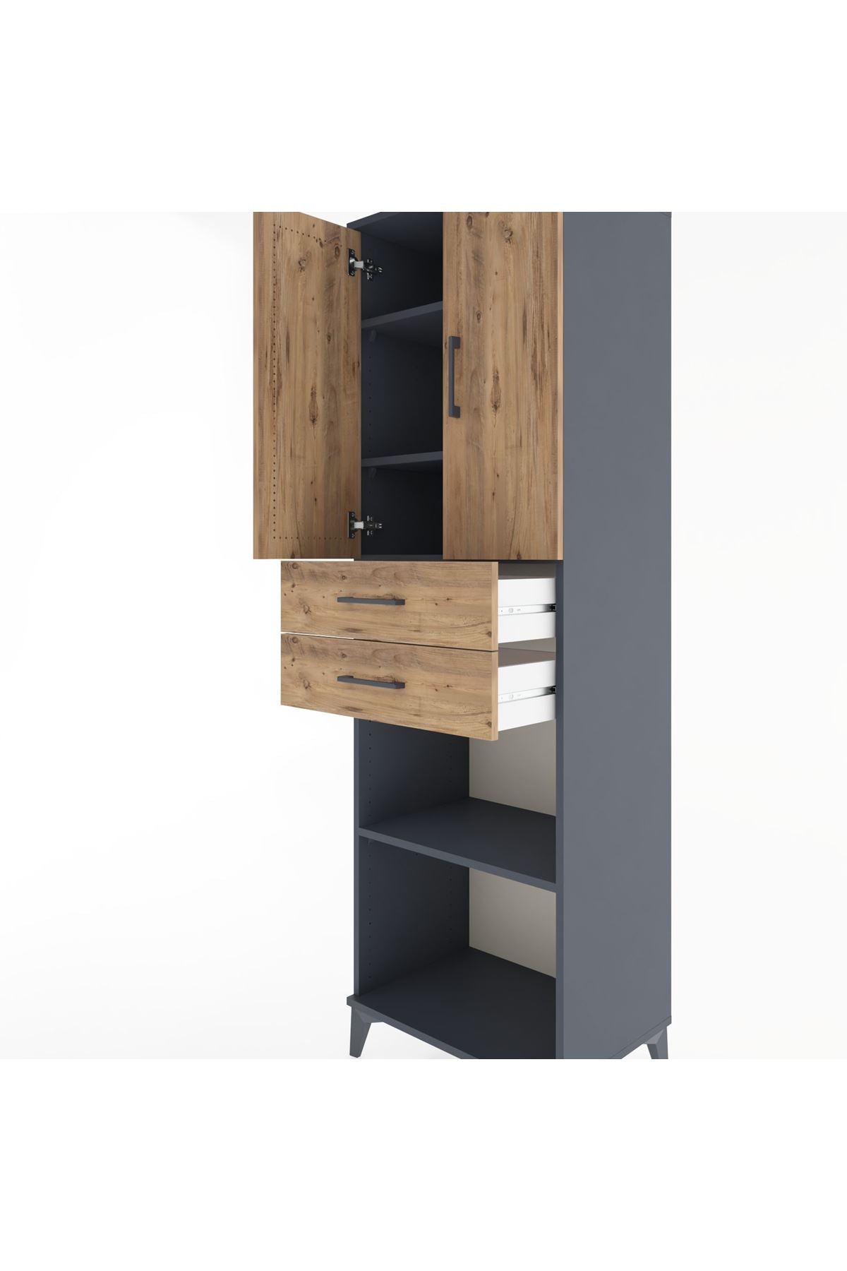 Hyperion Dolap 4 Raflı 2 Çekmeceli 2 Kapaklı 60x44x195 Antrasit-Çam