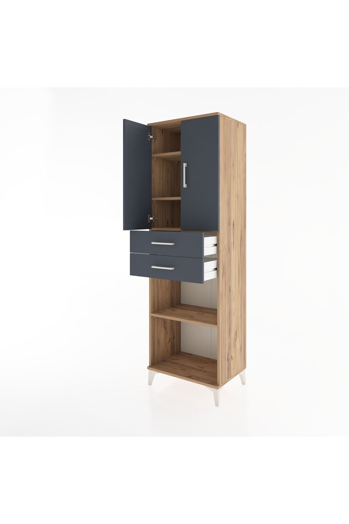 Hyperion Dolap 4 Raflı 2 Çekmeceli 2 Kapaklı 60x44x195 Çam-Antrasit