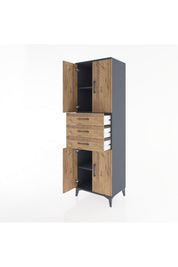 Hyperion Dolap 3 Raflı 3 Çekmeceli 4 Kapaklı 60x44x195 Antrasit-Çam