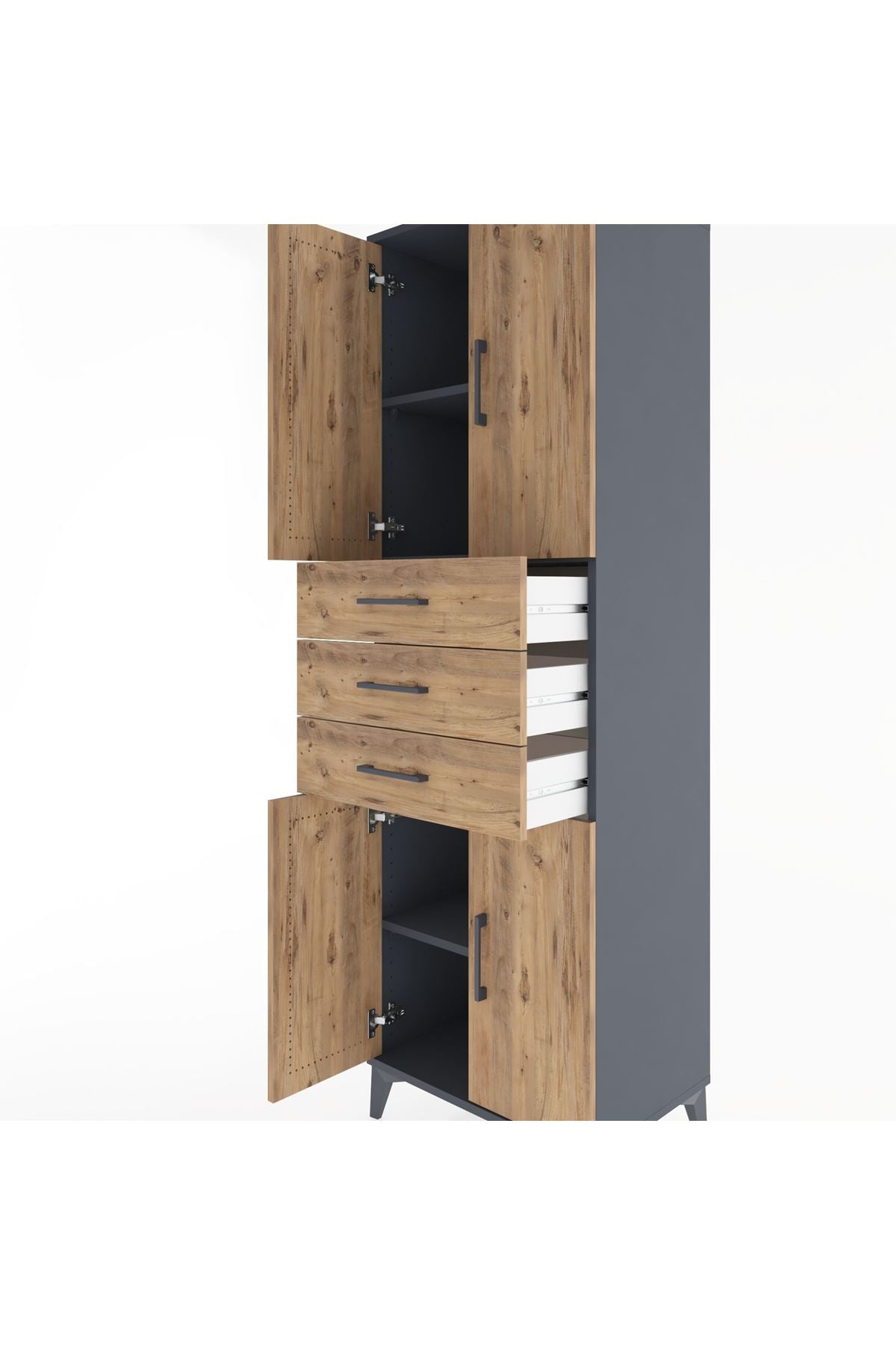 Hyperion Dolap 3 Raflı 3 Çekmeceli 4 Kapaklı 60x44x195 Antrasit-Çam