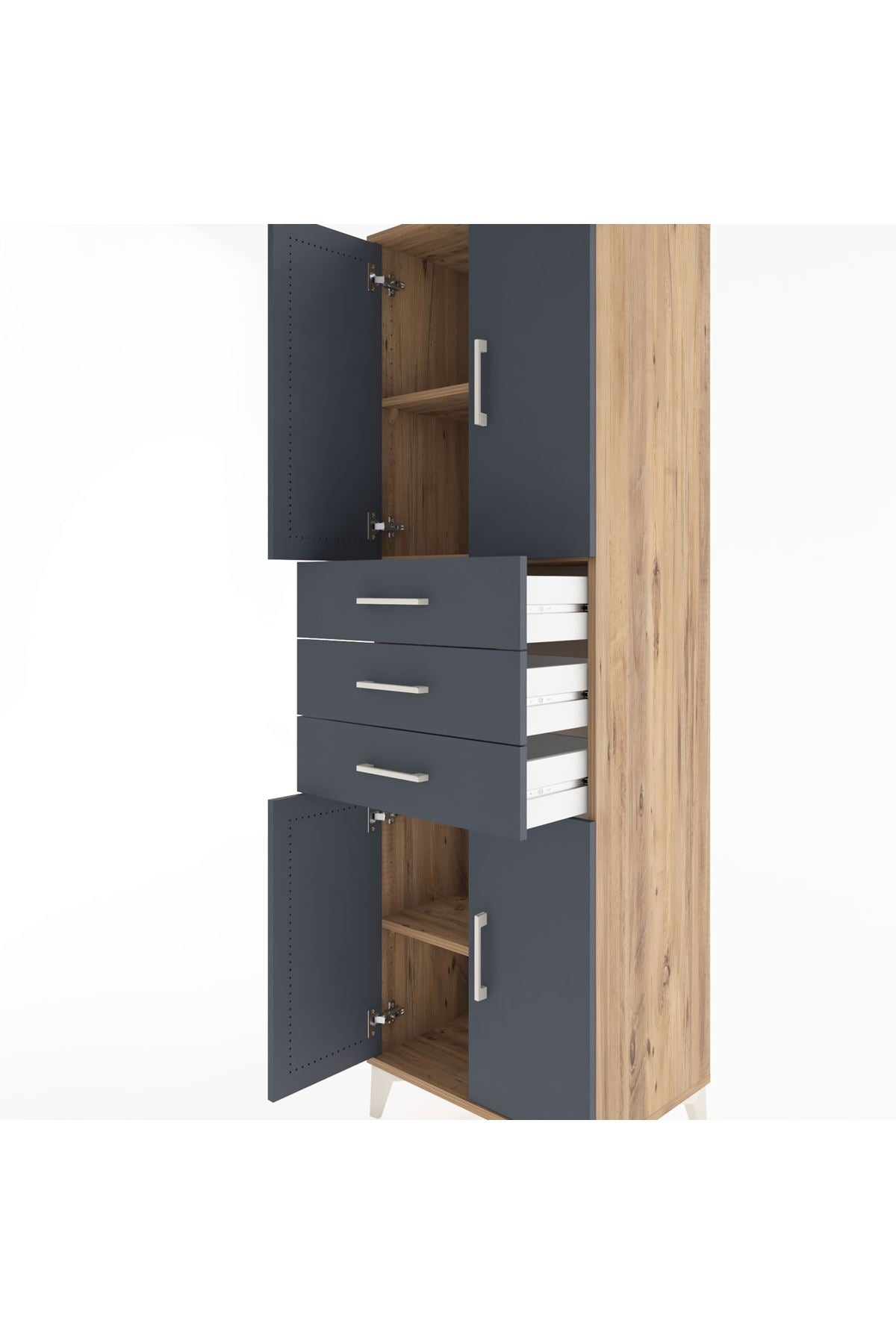 Hyperion Dolap 3 Raflı 3 Çekmeceli 4 Kapaklı 60x44x195 Çam-Antrasit