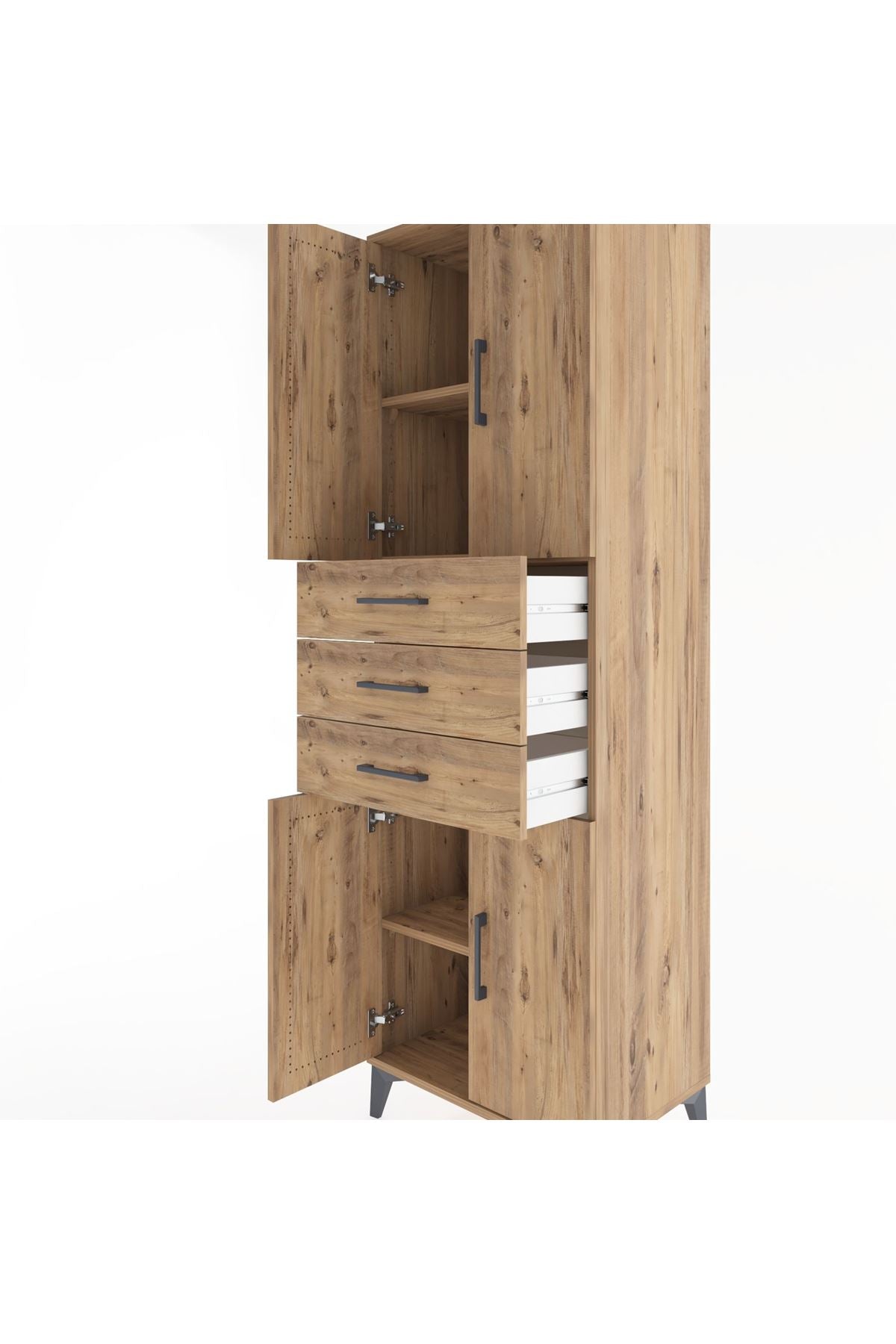 Hyperion Dolap 3 Raflı 3 Çekmeceli 4 Kapaklı 60x44x195 Çam-Çam