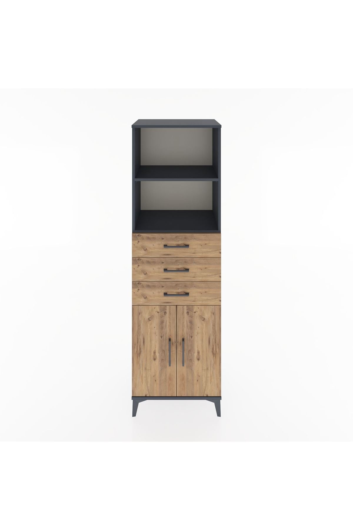 Hyperion Dolap 3 Raflı 3 Çekmeceli 2 Kapaklı 60x44x195 Antrasit-Çam