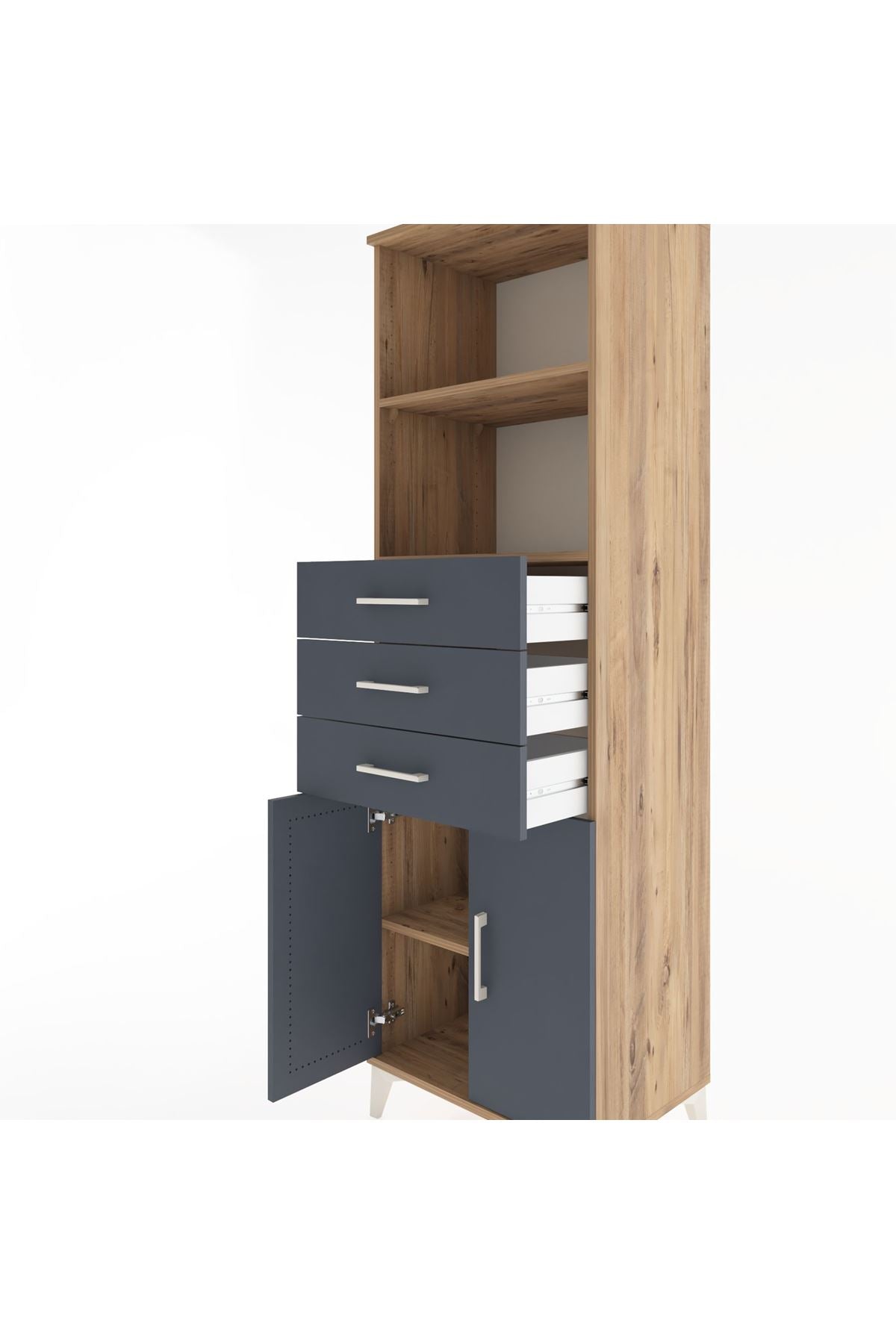 Hyperion Dolap 3 Raflı 3 Çekmeceli 2 Kapaklı 60x44x195 Çam-Antrasit