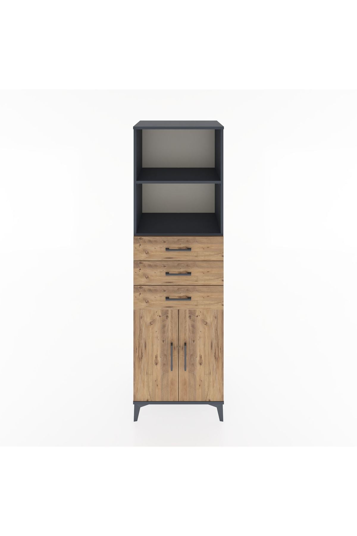 Hyperion Dolap 3 Raflı 3 Çekmeceli 2 Kapaklı 60x44x195 Antrasit-Çam