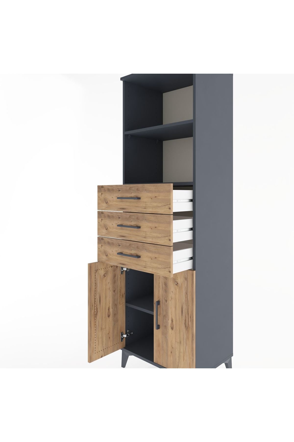 Hyperion Dolap 3 Raflı 3 Çekmeceli 2 Kapaklı 60x44x195 Antrasit-Çam