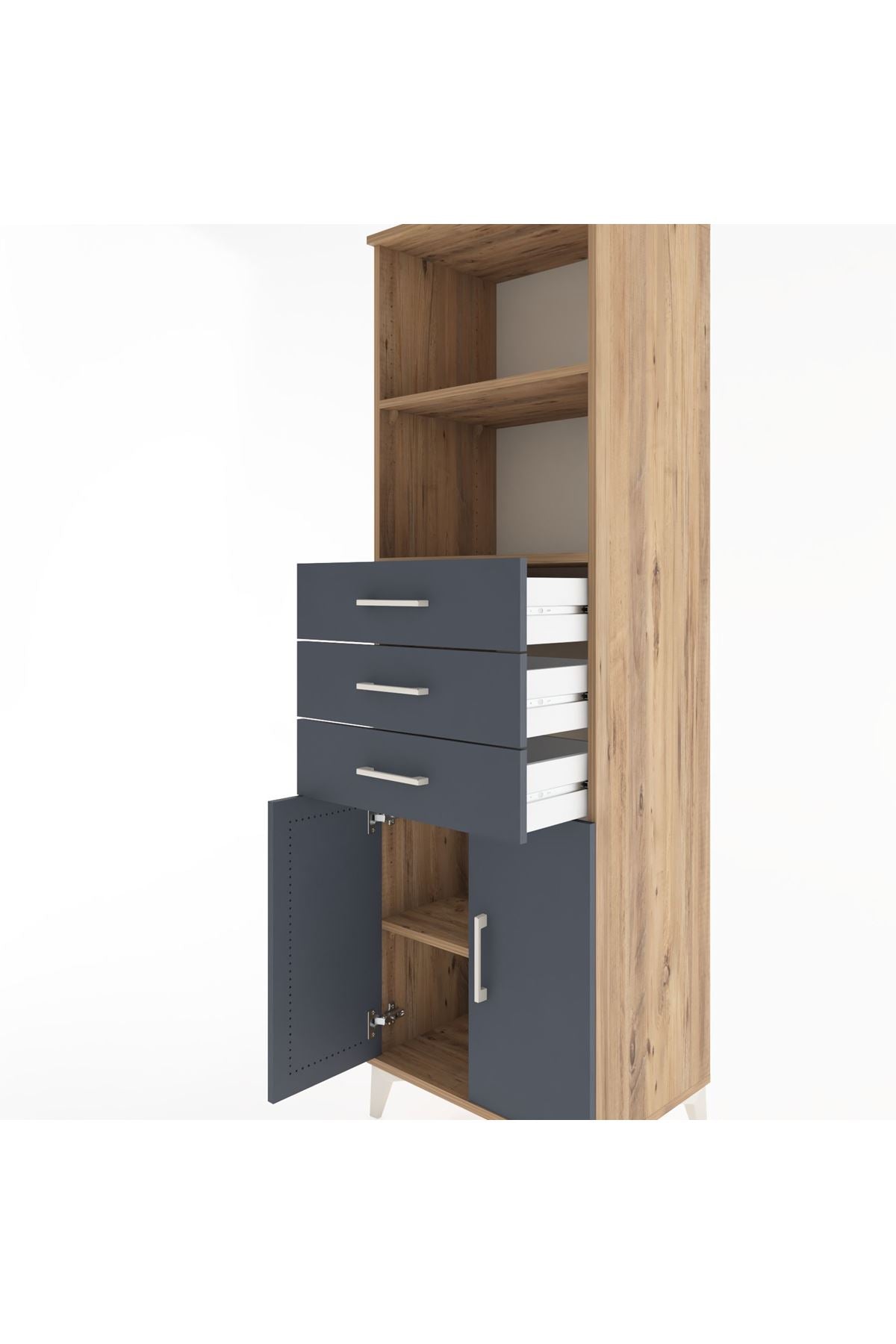 Hyperion Dolap 3 Raflı 3 Çekmeceli 2 Kapaklı 60x44x195 Çam-Antrasit