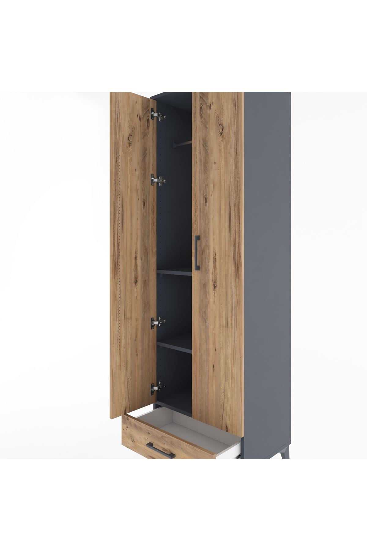 Hyperion Dolap 3 Raflı Tek Çekmeceli Tek Askılı 60x44x195 Antrasit-Çam