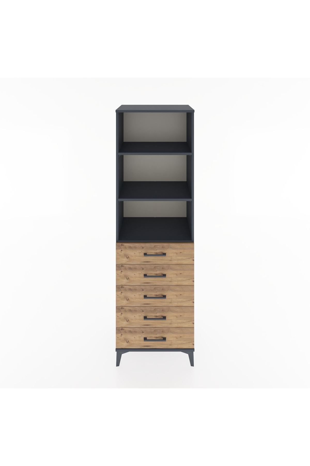 Hyperion Dolap 3 Raflı 5 Çekmeceli 60x44x195 Antrasit-Çam