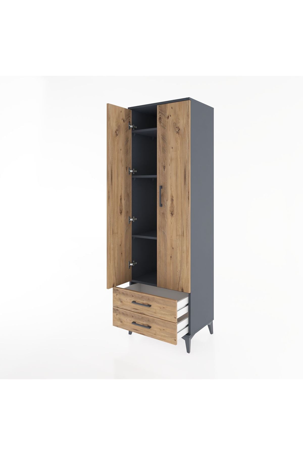 Hyperion Dolap 4 Raflı 2 Çekmeceli 2 Kapaklı 60x44x195 Antrasit-Çam