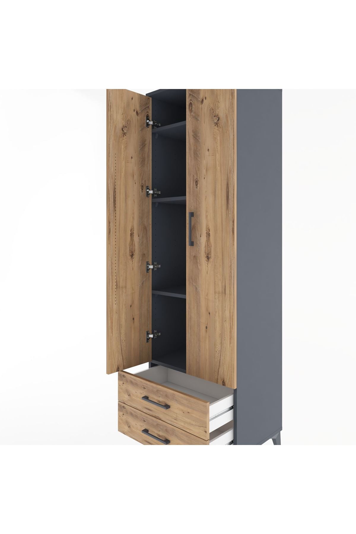 Hyperion Dolap 4 Raflı 2 Çekmeceli 2 Kapaklı 60x44x195 Antrasit-Çam