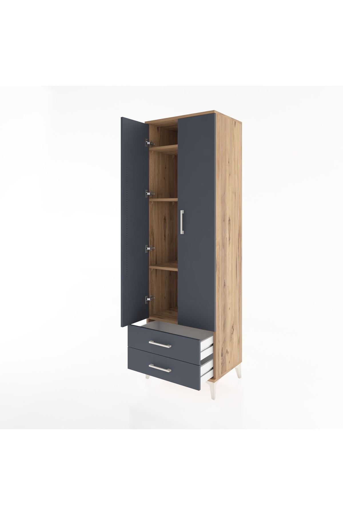 Hyperion Dolap 4 Raflı 2 Çekmeceli 2 Kapaklı 60x44x195 Çam-Antrasit