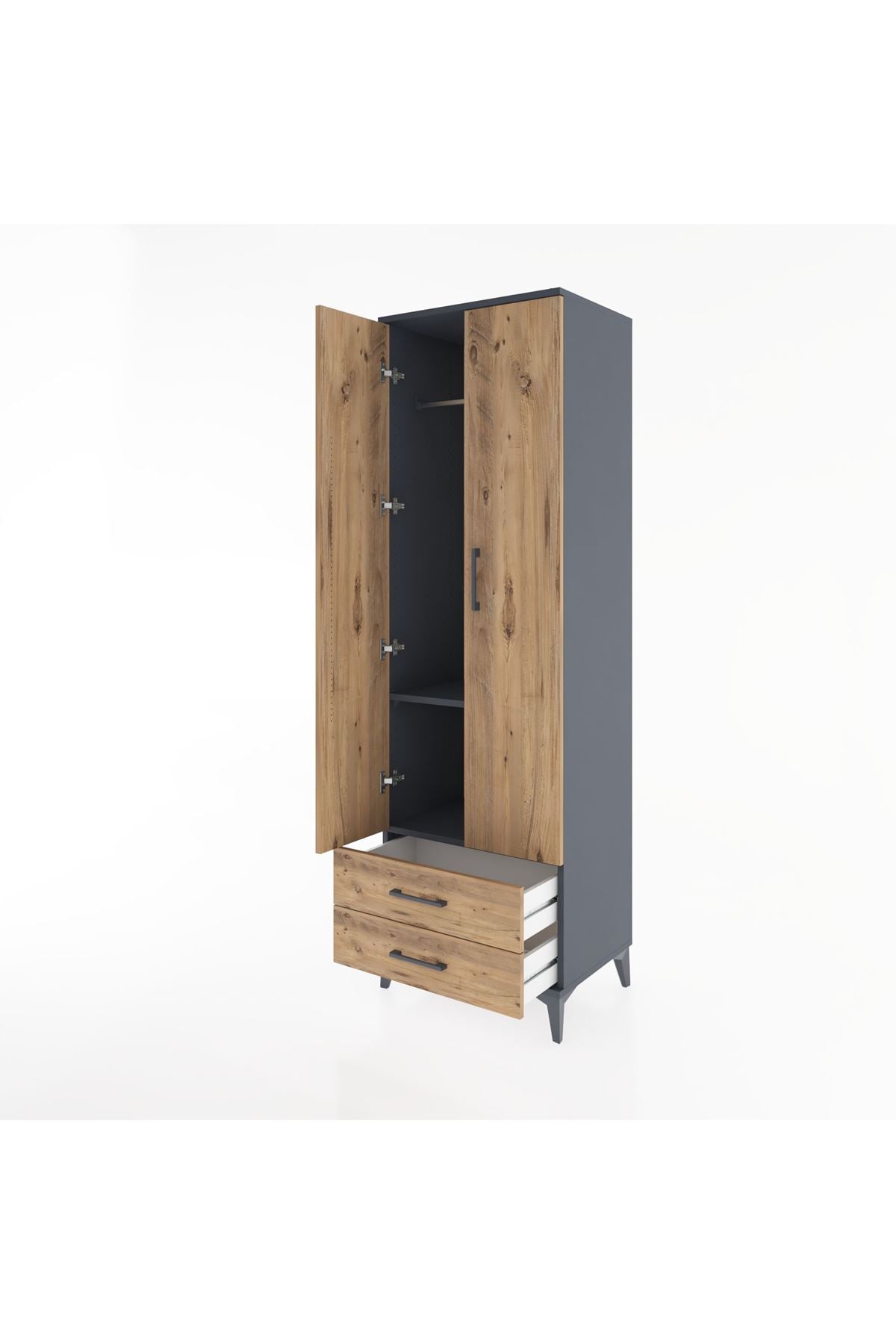 Hyperion Dolap 2 Raflı 2 Çekmeceli Tek Askılı 60x44x195 Antrasit-Çam