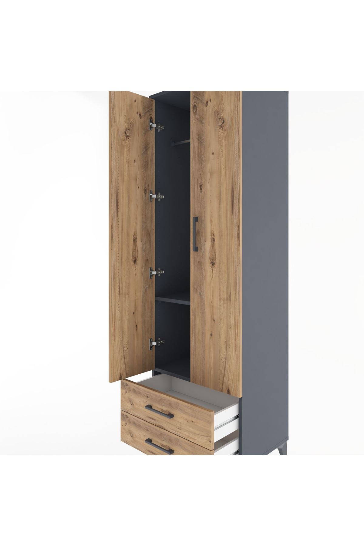 Hyperion Dolap 2 Raflı 2 Çekmeceli Tek Askılı 60x44x195 Antrasit-Çam