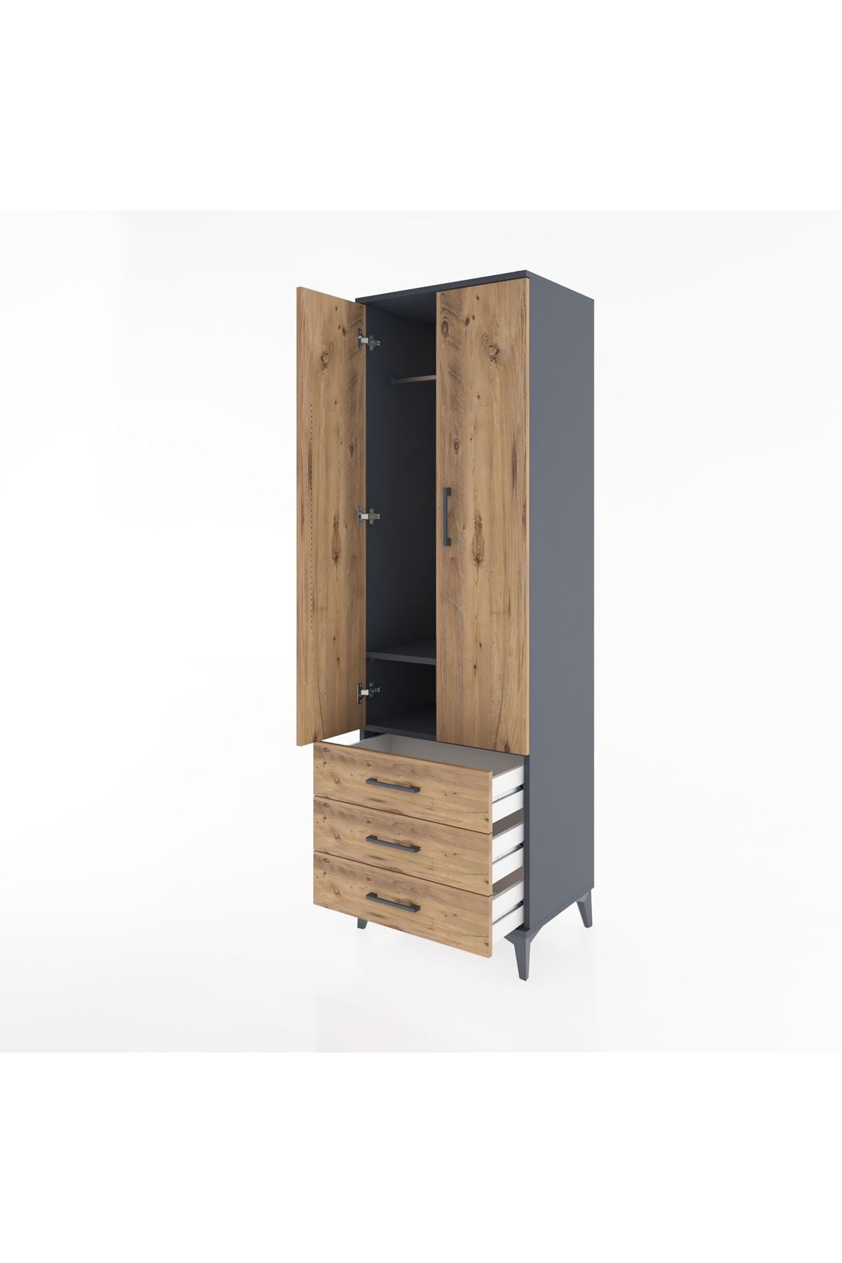 Hyperion Dolap 2 Raflı 3 Çekmeceli Tek Askılı 60x44x195 Antrasit-Çam