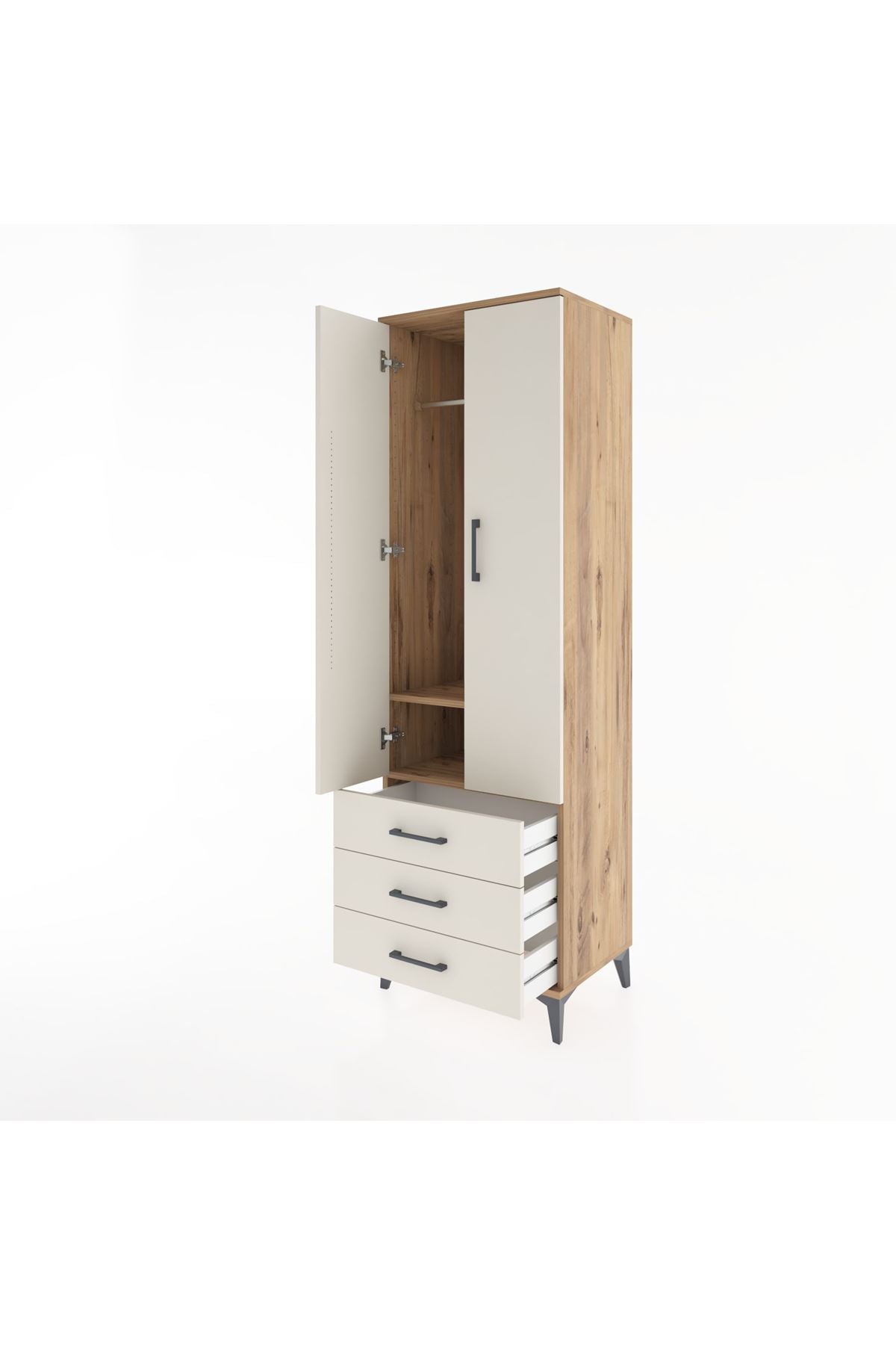 Hyperion Dolap 2 Raflı 3 Çekmeceli Tek Askılı 60x44x195 Çam-Aytaşı