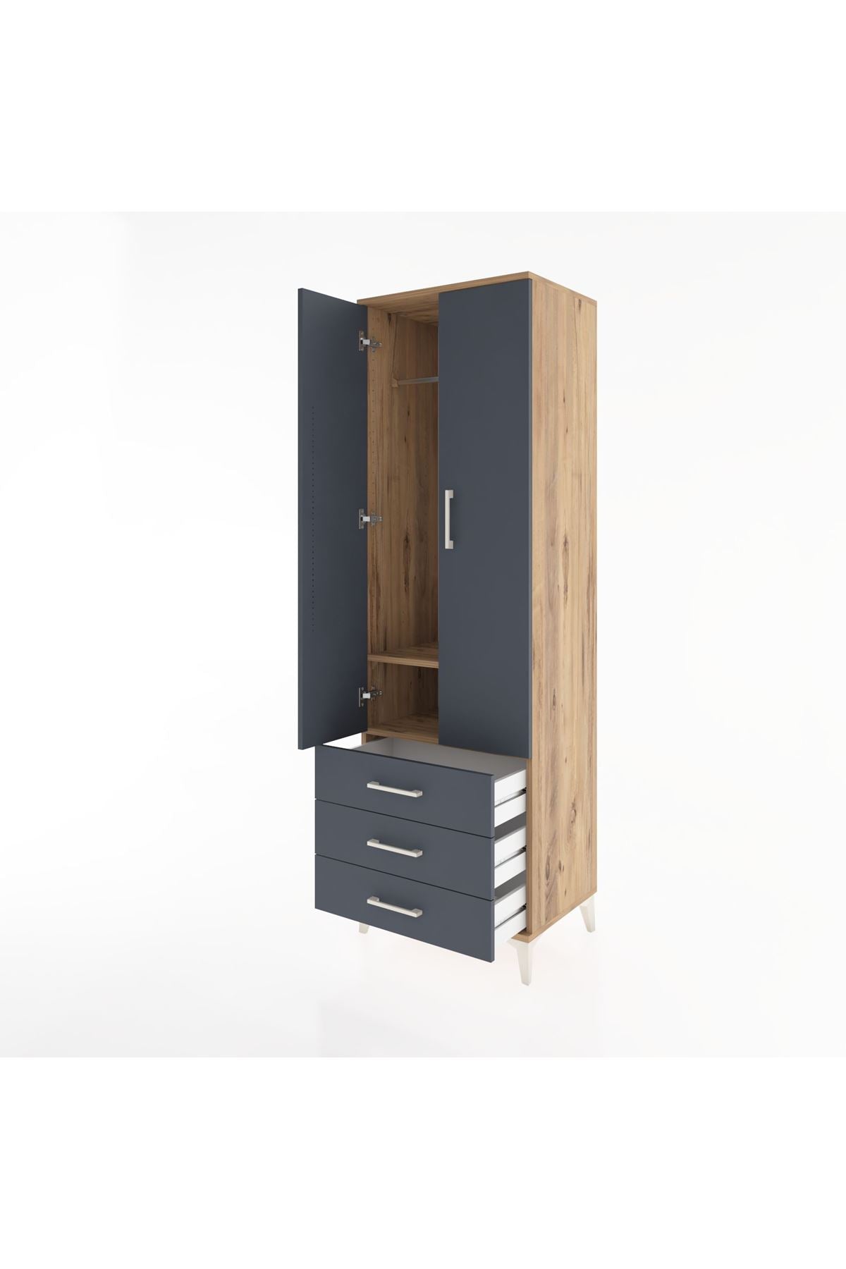 Hyperion Dolap 2 Raflı 3 Çekmeceli Tek Askılı 60x44x195 Çam-Antrasit