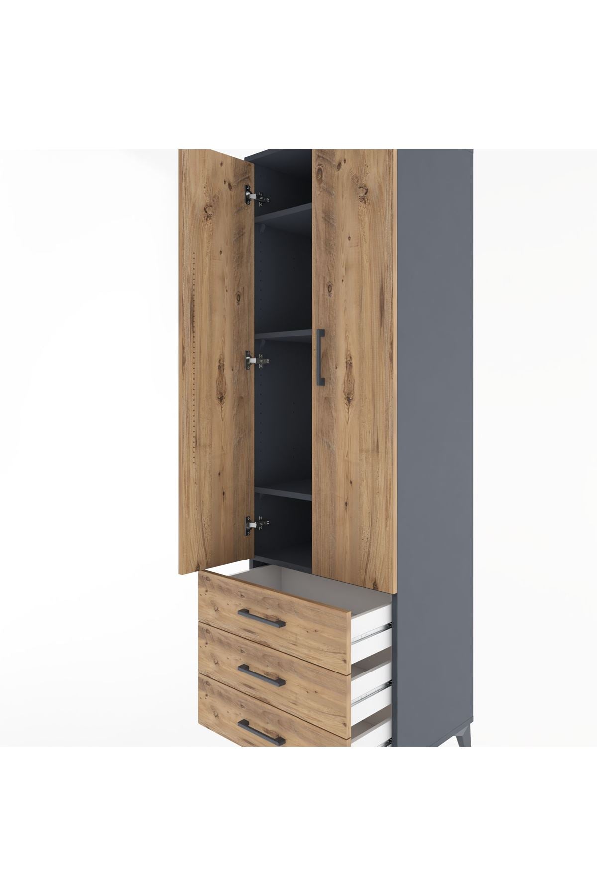 Hyperion Dolap 4 Raflı 3 Çekmeceli 2 Kapaklı 60x44x195 Antrasit-Çam