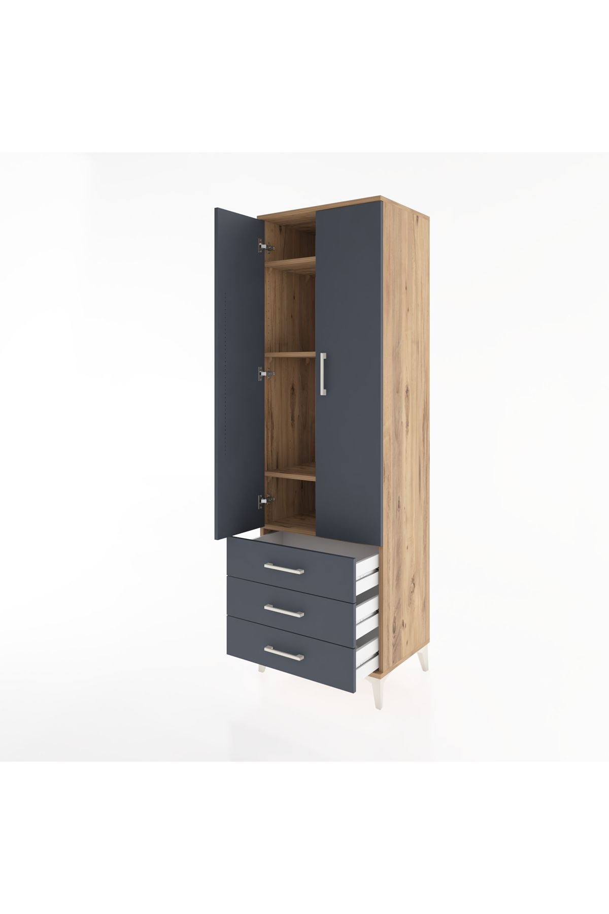 Hyperion Dolap 4 Raflı 3 Çekmeceli 2 Kapaklı 60x44x195 Çam-Antrasit