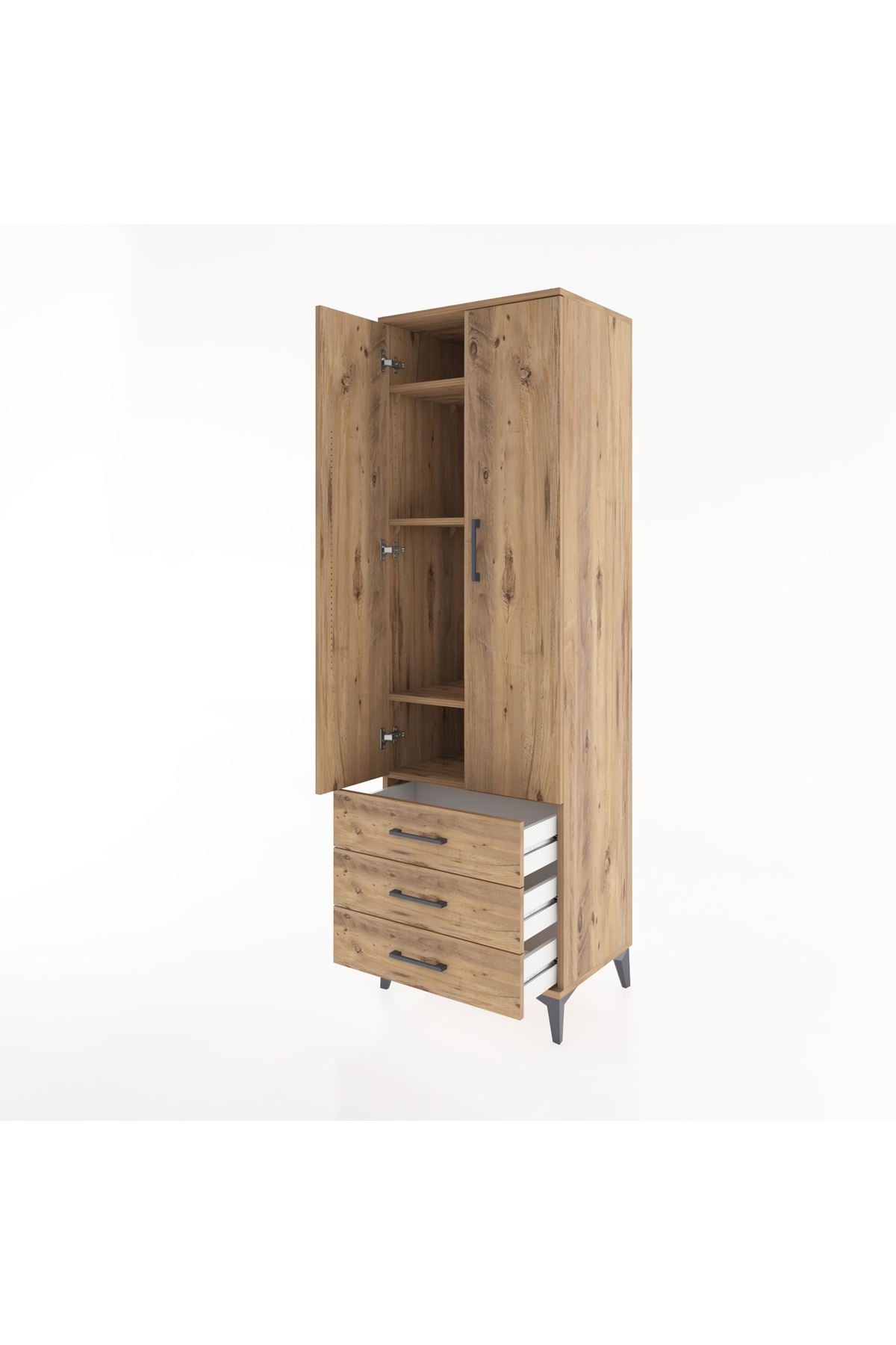 Hyperion Dolap 4 Raflı 3 Çekmeceli 2 Kapaklı 60x44x195 Çam-Çam