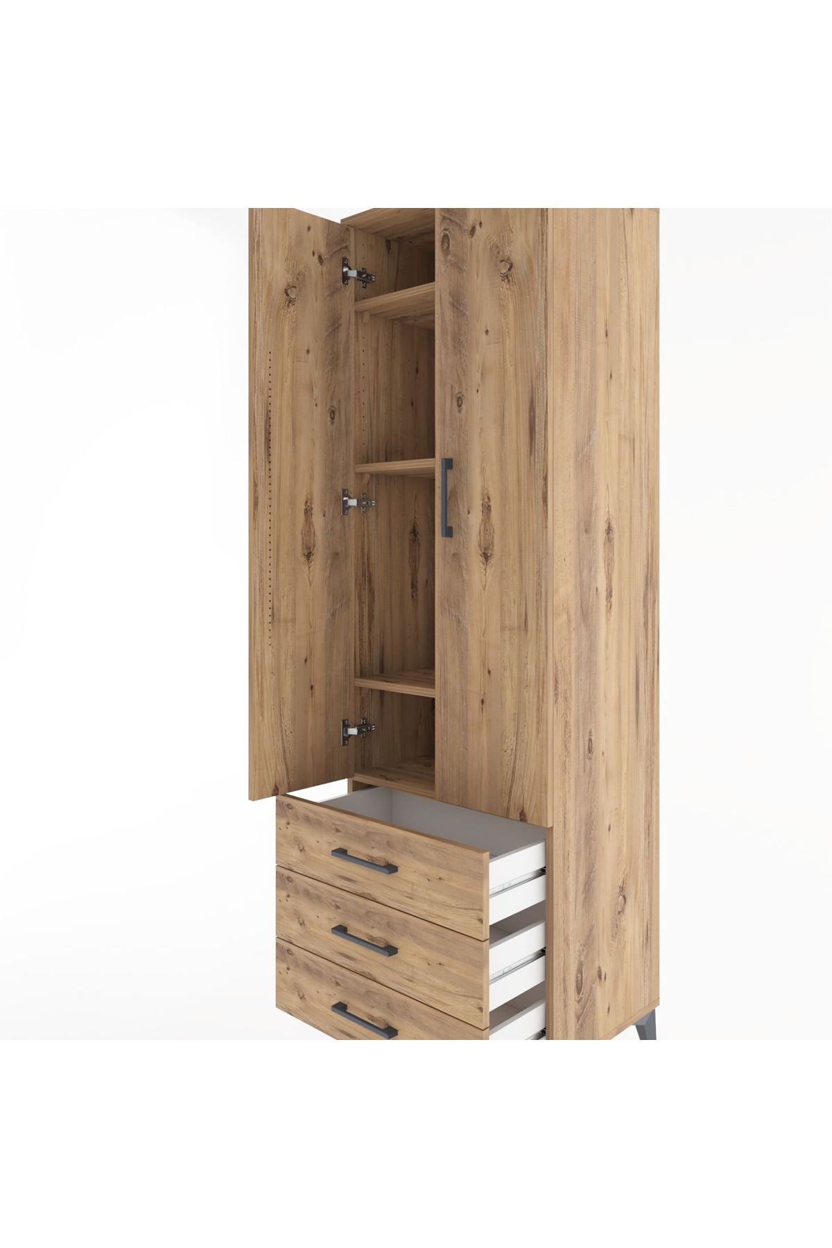 Hyperion Dolap 4 Raflı 3 Çekmeceli 2 Kapaklı 60x44x195 Çam-Çam