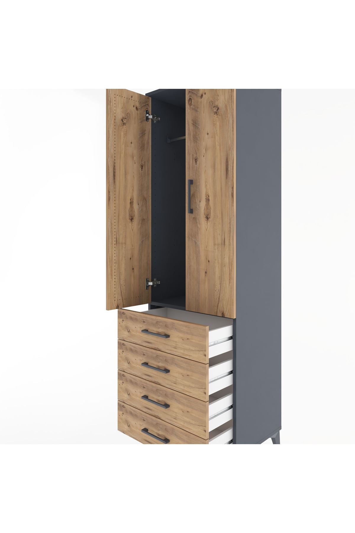 Hyperion Dolap Tek Raflı 4 Çekmeceli Tek Askılı 60x44x195 Antrasit-Çam