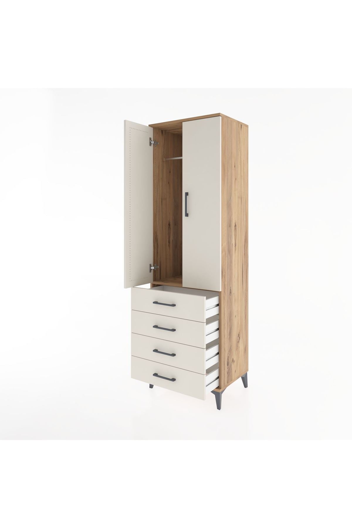 Hyperion Dolap Tek Raflı 4 Çekmeceli Tek Askılı 60x44x195 Çam-Aytaşı