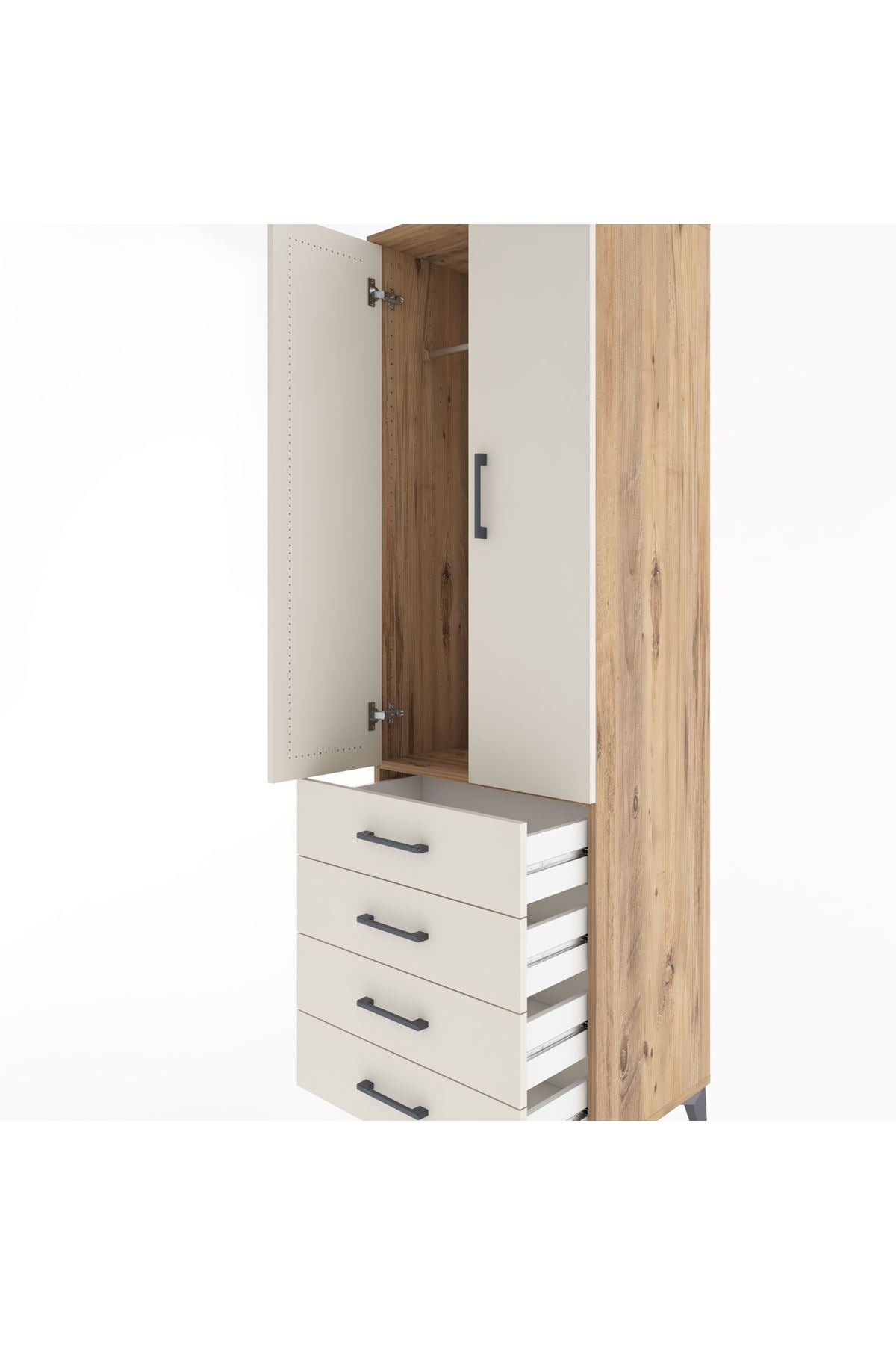 Hyperion Dolap Tek Raflı 4 Çekmeceli Tek Askılı 60x44x195 Çam-Aytaşı