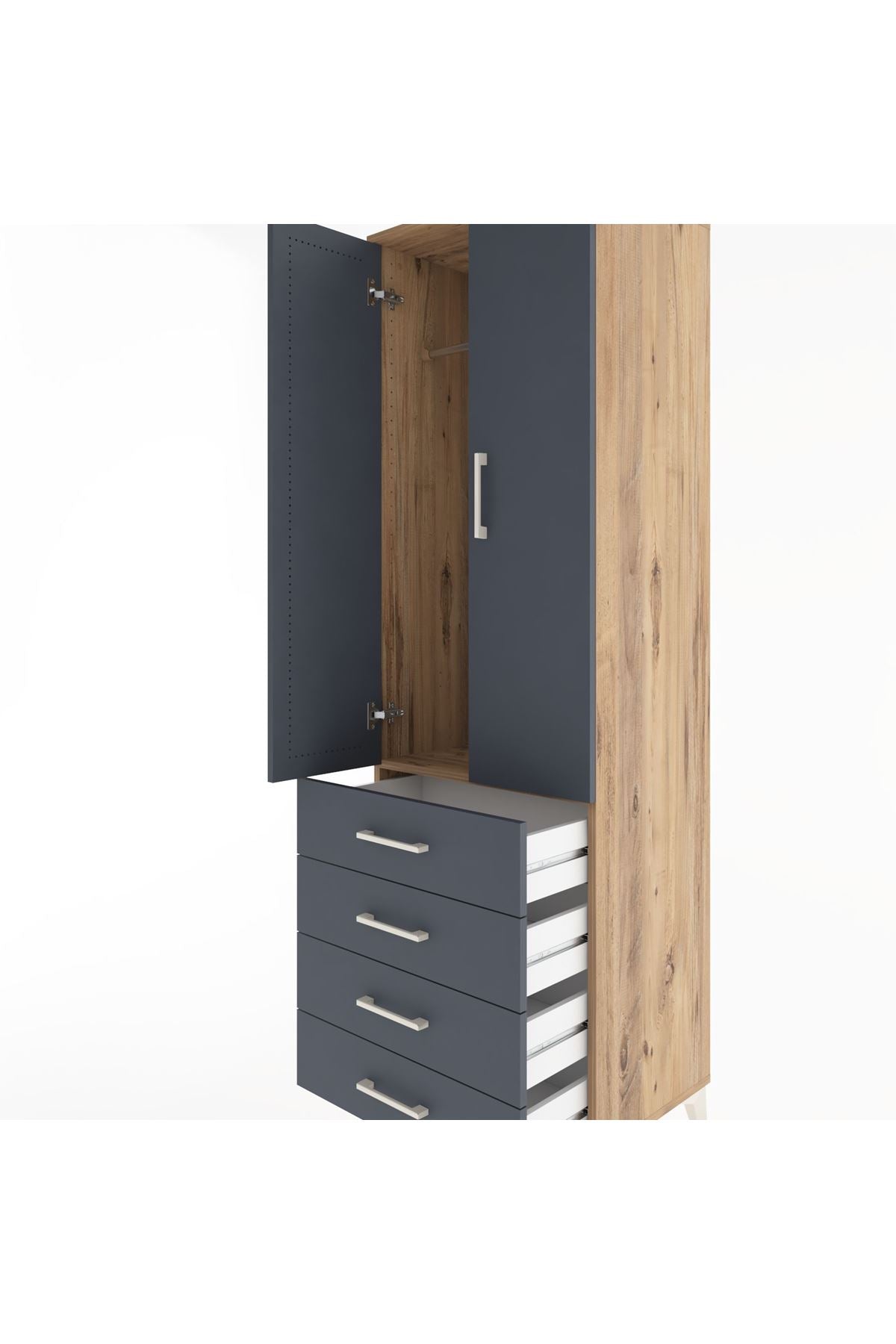 Hyperion Dolap Tek Raflı 4 Çekmeceli Tek Askılı 60x44x195 Çam-Antrasit
