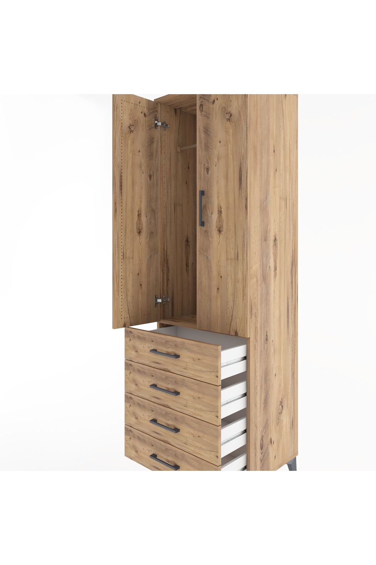 Hyperion Dolap Tek Raflı 4 Çekmeceli Tek Askılı 60x44x195 Çam-Çam