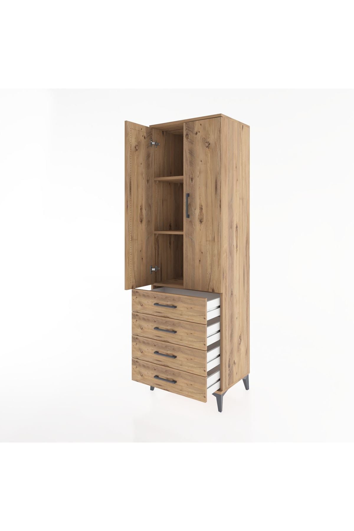 Hyperion Dolap 3 Raflı 4 Çekmeceli 2 Kapaklı 60x44x195 Çam-Çam