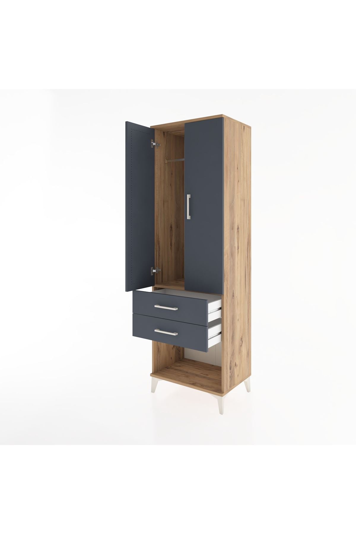 Hyperion Dolap Tek Raflı 2 Çekmeceli Tek Askılı 60x44x195 Çam-Antrasit